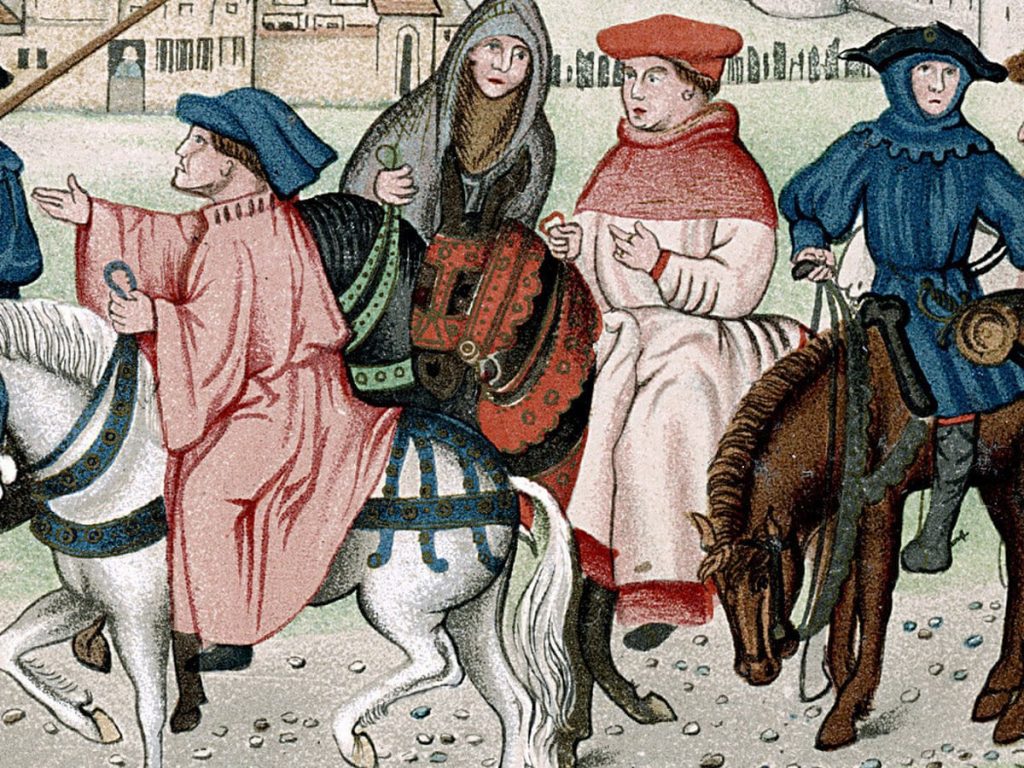 An illustrations of the Canterbury Tales by John of Lydgate. It depicts travelers telling stories on the road to Canterbury.